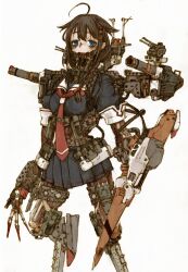 Rule 34 | 1girl, ahoge, android, black hair, blue eyes, blush, braid, breasts, cannon, cowboy shot, exposed bone, exposed muscle, fingerless gloves, gloves, gun, hair flaps, hair ornament, hair ribbon, highres, horror (theme), kantai collection, lance, long hair, machinery, mechanical arms, mechanical hands, mechanical legs, mechanical parts, megrim haruyo, pile bunker, polearm, ribbon, school uniform, serafuku, shigure (kancolle), shoes, short sleeves, shoulder cannon, single braid, small breasts, solo, turret, weapon
