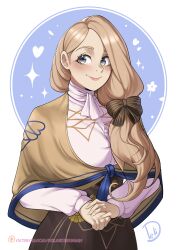 Rule 34 | 1girl, absurdres, black bow, black skirt, blue eyes, bow, brown capelet, brown hair, capelet, circle, commentary, deliciousbrain, fire emblem, fire emblem: three houses, garreg mach monastery uniform, hair bow, highres, long hair, long sleeves, mercedes von martritz, nintendo, own hands together, shirt, skirt, solo, upper body, white background, white shirt