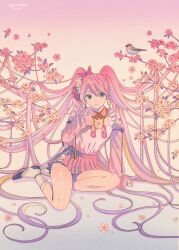Rule 34 | 1girl, absurdly long hair, bird, blue background, blue eyes, dated, detached sleeves, flower, frilled sleeves, frills, full body, gradient background, hatsune miku, highres, long hair, long sleeves, looking at viewer, pink background, pink flower, pink hair, pink shirt, pink skirt, pleated skirt, sakura miku, shirt, shoes, sitting, skirt, solo, tree, very long hair, vocaloid, yuuinami