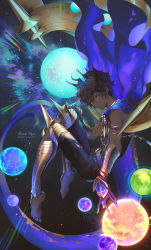 Rule 34 | 1boy, arjuna (fate), arjuna alter (fate), armor, artist name, barefoot, black hair, blue tail, brown eyes, brown hair, cape, clothing cutout, dark-skinned male, dark skin, darkavey, dynamic pose, fate/grand order, fate (series), fighting stance, floating, floating object, glowing, hair between eyes, highres, horns, jewelry, light particles, looking at viewer, male focus, open hand, pants, planet, revealing clothes, shine, side cutout, sky, sleeveless, solo, space, star (sky), star (symbol), starry background, starry sky, tail, vambraces