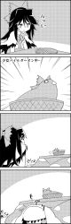 Rule 34 | !, 4koma, puff of air, bird, bow, bowl, cape, comic, commentary request, crawling, emphasis lines, greyscale, hair between eyes, hair bow, highres, in bowl, in container, kotatsu, long hair, looking at another, monochrome, reiuji utsuho, reiuji utsuho (bird), sweat, table, tani takeshi, touhou, translation request, under kotatsu, under table, yukkuri shiteitte ne