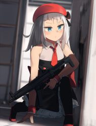 Rule 34 | 1girl, beret, black pantyhose, blue eyes, breasts, closed mouth, dress, girls&#039; frontline, gun, h&amp;k mp5, hat, highres, hinami047, holding, holding weapon, long hair, looking away, mp5 (girls&#039; frontline), necktie, pantyhose, red footwear, red hat, red necktie, shoes, silver hair, small breasts, solo, submachine gun, weapon