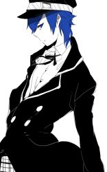 Rule 34 | 1girl, androgynous, atlus, bad id, bad pixiv id, blue eyes, blue hair, cabbie hat, crossdressing, detective, expressionless, hair over one eye, hat, leaning back, matching hair/eyes, perosna 4, persona, persona 4, profile, reverse trap, serious, shirogane naoto, short hair, solo, spot color, standing, sugiyama08, wavy hair, white background