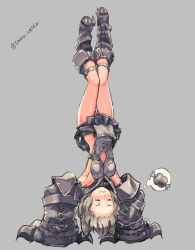 Rule 34 | 1girl, :3, = =, animal ears, armpits, arms up, blush, boned meat, boots, brown hair, claw (weapon), closed mouth, erune, closed eyes, food, full body, granblue fantasy, grey background, grey footwear, grey skirt, handstand, highres, meat, pleated skirt, sen (granblue fantasy), skirt, solo, thought bubble, tomonao, twitter username, upside-down, weapon