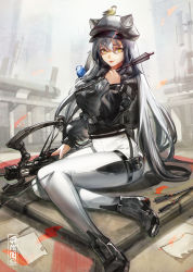 Rule 34 | 1girl, animal, animal on head, animal on shoulder, arknights, arrow (projectile), bird, bird on head, bird on shoulder, black footwear, black headwear, black jacket, blue bird, blush, bow (weapon), build driver, commentary, cropped jacket, crossbow, ears through headwear, english commentary, full body, hair between eyes, high-waist pants, highres, holding, holding arrow, holster, ja mong, jacket, long hair, long sleeves, looking at viewer, official alternate costume, on ground, on head, outdoors, pants, red lips, schwarz (arknights), schwarz (skyline) (arknights), silver hair, sitting, solo, thigh holster, weapon, white pants, yellow eyes