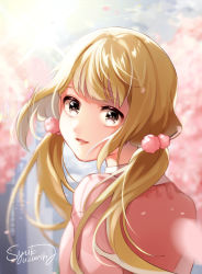 Rule 34 | 1girl, artist name, black eyes, blonde hair, blurry, blurry background, day, futaba anzu, hair bobbles, hair ornament, highres, idolmaster, idolmaster cinderella girls, long hair, looking at viewer, looking back, low twintails, outdoors, pink shirt, shirt, smile, solo, syuka rain, twintails, upper body