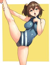 Rule 34 | 1girl, blue eyes, blue one-piece swimsuit, border, brown hair, covered navel, hair bobbles, hair ornament, hand up, highres, index finger raised, looking at viewer, one-piece swimsuit, one side up, open mouth, original, simple background, solo, spread legs, swimsuit, vins-mousseux, white border, yellow background