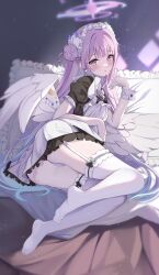 Rule 34 | 1girl, absurdres, alternate costume, angel wings, ass, black dress, blue archive, blush, breasts, crescent, crescent pin, dress, enmaided, feathered wings, frilled sleeves, frills, hair bun, halo, highres, long hair, looking at viewer, lying, maid, maid headdress, medium breasts, mika (blue archive), no shoes, on side, panties, parted lips, pillow, pink hair, pink halo, puffy short sleeves, puffy sleeves, short sleeves, single side bun, solo, teeth bro, thighhighs, underwear, white panties, white thighhighs, white wings, wings, wrist cuffs, yellow eyes