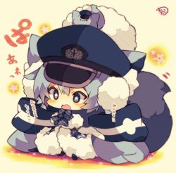 Rule 34 | 1girl, :3, :d, animal, animal ear fluff, animal ears, animal on head, beige background, black footwear, blue bow, blue capelet, blue dress, blue eyes, blue hair, blue hat, blush, bow, capelet, cat, cat ears, cat girl, cat on head, cat tail, chibi, closed mouth, dress, full body, fur-trimmed capelet, fur-trimmed dress, fur trim, hair between eyes, hat, long hair, low twintails, muuran, on head, open mouth, original, pantyhose, peaked cap, plaid, plaid bow, plaid dress, signature, sitting, smile, solo, star-shaped pupils, star (symbol), symbol-shaped pupils, tail, tail raised, translation request, twintails, v-shaped eyebrows, very long hair