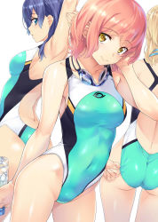 Rule 34 | 3girls, adjusting clothes, adjusting swimsuit, arm up, armpits, ass, blonde hair, blue eyes, blue hair, blush, bottle, breasts, brown eyes, competition swimsuit, covered navel, goggles, goggles around neck, highleg, highleg swimsuit, highres, looking at viewer, looking back, medium breasts, multiple girls, nagayori, one-piece swimsuit, original, pink hair, ponytail, short hair, simple background, smile, swimsuit, water bottle, white background