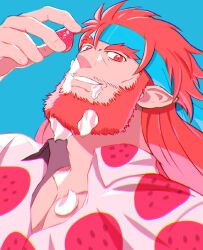 Rule 34 | 1boy, adam&#039;s apple, bara, beard, collared shirt, color connection, facial hair, food, food on face, forked eyebrows, fruit, full beard, gift art, head tilt, headband, highres, hiwen-d, holding, holding food, holding fruit, looking at viewer, male focus, mature male, original, pectoral cleavage, pectorals, pink shirt, portrait, print shirt, shirt, shishikan (hrb93718), smile, solo, strawberry, thick beard, thick eyebrows
