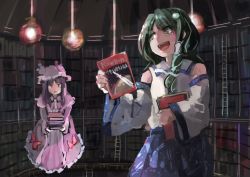 Rule 34 | 2girls, book, book stack, carrying, coat, detached sleeves, dress, frog hair ornament, green eyes, green hair, hair ornament, hat, ichiba youichi, kochiya sanae, ladder, library, long sleeves, mob cap, multiple girls, open clothes, open coat, open mouth, patchouli knowledge, purple dress, purple eyes, purple hair, shirt, skirt, smile, snake hair ornament, striped clothes, striped dress, touhou, wide sleeves