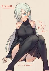 Rule 34 | 10s, 1girl, bad id, bad twitter id, bare shoulders, black thighhighs, blue eyes, bodysuit, breasts, character name, copyright name, dated, detached sleeves, earrings, elizabeth liones, english text, grey background, hair over one eye, halterneck, head tilt, invisible chair, jewelry, jpeg artifacts, kippu, knees together feet apart, large breasts, leotard, long hair, nanatsu no taizai, signature, silver hair, simple background, sitting, solo, thighhighs, thighs