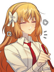 Rule 34 | 1girl, absurdres, blush, bow, brown hairband, chopsticks, closed eyes, closed mouth, collared shirt, eating, gimseng, hair bow, hairband, highres, holding, holding chopsticks, ishmael (project moon), limbus company, long sleeves, necktie, project moon, red necktie, shirt, simple background, solo, tie clip, upper body, white background, white bow, white shirt