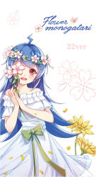 Rule 34 | 1girl, :d, ahoge, bad id, bad pixiv id, bare shoulders, bili girl 22, bilibili, blue hair, blush, bow, clouble, dress, english text, flower, flower wreath, green bow, head tilt, head wreath, highres, holding, holding flower, one eye covered, open mouth, petals, pink flower, red eyes, romaji text, round teeth, short sleeves, simple background, smile, solo, strapless, strapless dress, teeth, upper teeth only, white background, white dress, yellow flower