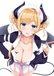 Rule 34 | 1girl, asymmetrical hair, bat tattoo, black jacket, blonde hair, blue eyes, blush, breast tattoo, breasts, cleavage, collarbone, commentary, cowboy shot, demon girl, demon horns, demon tail, demon wings, double bun, dress, from above, hair bun, hair ribbon, hand on own hip, hat, holding, holding syringe, hololive, horns, jacket, kosuke (bb), large breasts, lips, looking at viewer, necktie, nurse cap, official alternate costume, open clothes, open jacket, open mouth, parted bangs, pink necktie, pointy ears, ribbon, short dress, short hair with long locks, sidelocks, simple background, smile, solo, syringe, tail, tattoo, thighhighs, virtual youtuber, white background, white dress, white ribbon, white thighhighs, wings, yuzuki choco, yuzuki choco (nurse)