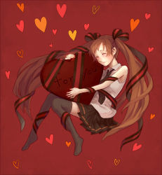 Rule 34 | 1girl, alternate hair color, bad id, bad pixiv id, black thighhighs, brown hair, chocolate, closed eyes, hatsune miku, heart, hug, long hair, mikihisa415, red theme, smile, solo, thighhighs, twintails, valentine, very long hair, vocaloid