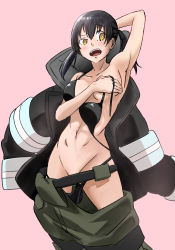 Rule 34 | 1girl, absurdres, ahoge, armpits, bikini, bikini top only, black bikini, black hair, blush, breasts, cleavage, coat, covering privates, covering breasts, en&#039;en no shouboutai, hair between eyes, highres, long hair, looking at viewer, medium breasts, mu2 (user ueag3845), navel, open clothes, open coat, open mouth, shiny skin, simple background, solo, swimsuit, swimsuit under clothes, tamaki kotatsu, twintails, undressing, yellow eyes