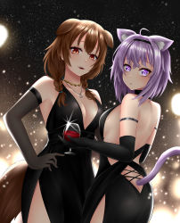 Rule 34 | 2girls, absurdres, animal ear fluff, animal ears, arm strap, black dress, black gloves, blush, braid, breasts, brown eyes, brown hair, cat ears, cat girl, cat tail, cleavage, commentary, cup, dog ears, dog girl, dog tail, dress, drinking glass, elbow gloves, english commentary, extra ears, glint, gloves, hair between eyes, hand on own hip, highres, hololive, inugami korone, jewelry, light particles, looking at viewer, medium breasts, multiple girls, necklace, nekomata okayu, no bra, open mouth, popcornflakes, purple eyes, purple hair, short hair, sidelocks, standing, tail, twin braids, virtual youtuber, wine glass