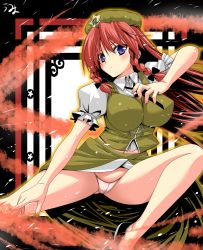 Rule 34 | 1girl, bare legs, blue eyes, blush, bow, braid, breasts, chinese clothes, covered erect nipples, female focus, fighting stance, hair bow, highres, hong meiling, impossible clothes, large breasts, legs, long hair, looking at viewer, panties, pantyshot, red hair, side slit, solo, spread legs, string panties, thighs, touhou, twin braids, umyonge (lkakeu), underwear, very long hair, white panties