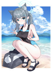 Rule 34 | 1girl, absurdres, adjusting clothes, adjusting swimsuit, animal ear fluff, animal ears, bag, bare shoulders, black nails, black one-piece swimsuit, blue archive, blue eyes, blush, border, breasts, bright pupils, collarbone, competition swimsuit, cross hair ornament, duffel bag, full body, grey hair, hair ornament, halo, highres, long hair, medium breasts, mismatched pupils, mountainous horizon, nail polish, ocean, one-piece swimsuit, outside border, parted lips, sandals, shiroko (blue archive), shiroko (swimsuit) (blue archive), side ponytail, sideboob, solo, squatting, swimsuit, toenail polish, toenails, water, white border, wolf ears, yume (454565427)