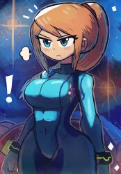 Rule 34 | !, 1girl, absurdres, angry, blonde hair, blue eyes, bodysuit, bracelet, breasts, covered navel, cowboy shot, female focus, highres, jewelry, large breasts, metroid, mole, mole under mouth, navel, nintendo, ponytail, samus aran, skin tight, solo, space, standing, thick thighs, thighs, tony welt, wide hips, zero suit