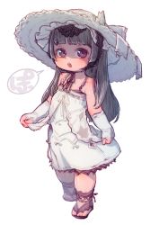 Rule 34 | 1girl, absurdres, aged down, black hair, blunt bangs, child, dress, feral lemma, full body, hasshaku-sama, hat, highres, long hair, looking at viewer, open mouth, original, red eyes, sandals, solo, standing, white dress, white hat