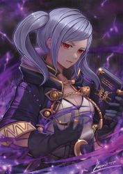Rule 34 | 1girl, aura, belt, black gloves, book, breasts, cleavage, closed mouth, dark aura, fire emblem, fire emblem awakening, fire emblem heroes, gloves, grey hair, grima (fire emblem), highres, holding, holding book, hood, hood down, kaejunni, long hair, looking at viewer, medium breasts, nintendo, open clothes, open robe, red eyes, robe, robin (female) (fire emblem), robin (fire emblem), signature, solo, twintails, upper body, wizard