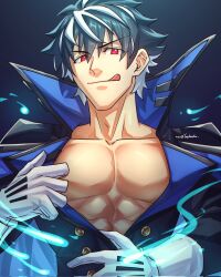 Rule 34 | 1boy, abs, bare pectorals, black background, blue fire, charlemagne (fate), commentary request, fate/grand order, fate (series), fire, gloves, high collar, highres, looking at viewer, male focus, multicolored hair, open clothes, open shirt, pectorals, red eyes, seductive smile, smile, streaked hair, tongue, tongue out, twitter username, white gloves, yaekaidou