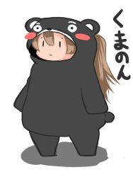 Rule 34 | 10s, 1girl, animal costume, bad id, bad pixiv id, bear costume, blush stickers, brown hair, kantai collection, kumano (kancolle), name connection, object namesake, ponytail, pun, simple background, solo, tokoi, translation request, | |