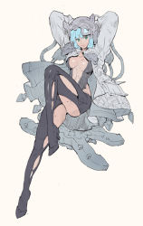 Rule 34 | 1girl, aqua hair, arms behind head, boots, breasts, center opening, dress, flat color, full body, green eyes, kilart, long hair, open clothes, open dress, original, reclining, revealing clothes, short hair, sideboob, solo, thigh boots, thighhighs, torn clothes