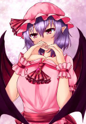 Rule 34 | 1girl, aged up, bat wings, blush, breasts, commentary request, hair between eyes, hat, heart, heart-shaped pupils, highres, large breasts, large wings, looking at viewer, mob cap, purple hair, remilia scarlet, solo, symbol-shaped pupils, touhou, vampire, wings, zellam