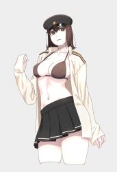 Rule 34 | 1girl, akitsu maru (kancolle), black eyes, black hat, bra, breasts, brown hair, collarbone, colored skin, commentary request, cowboy shot, cropped legs, epaulettes, grey background, hair between eyes, hat, highres, kantai collection, large breasts, long sleeves, looking at viewer, military, military hat, military uniform, naval uniform, navel, open mouth, pale skin, parted lips, peaked cap, pleated skirt, short hair, simple background, skirt, smile, solo, standing, string bra, thighs, underwear, uniform, white skin, yuuji (and)
