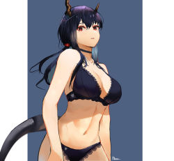 Rule 34 | 1girl, absurdres, ai-bon, arknights, bare arms, bare shoulders, black bra, black choker, black panties, blue background, blue hair, bra, breasts, ch&#039;en (arknights), choker, cleavage, commentary, dragon horns, dragon tail, eyeshadow, great lungmen logo, hair between eyes, highres, horns, lace, lace-trimmed bra, lace-trimmed panties, lace trim, large breasts, long hair, looking at viewer, makeup, navel, panties, parted lips, red eyes, solo, stomach, tail, two-tone background, underwear, underwear only, upper body, white background