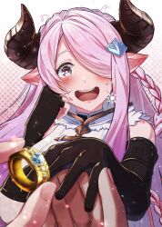 Rule 34 | absurdres, granblue fantasy, granblue fantasy versus, highres, holding, holding jewelry, holding ring, horns, jewelry, marriage, marriage proposal, narmaya (granblue fantasy), pointy ears, purple hair, ring, wedding ring