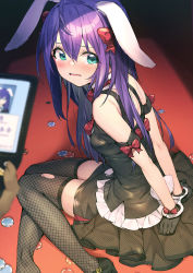Rule 34 | 1girl, absurdres, ahoge, animal ears, arms behind back, bare shoulders, bdsm, black dress, black footwear, blurry, blurry foreground, blush, bondage, bound, bound wrists, bow, breasts, cellphone, cellphone photo, commentary request, cuffs, depth of field, dress, fake animal ears, fishnet thighhighs, fishnets, frills, glove bow, gloves, hair between eyes, handcuffed, handcuffs, highres, holding, holding phone, idolmaster, idolmaster million live!, idolmaster million live! theater days, leotard, long hair, looking at viewer, mochizuki anna, on ground, open mouth, phone, playboy bunny, poker chip, purple hair, rabbit ears, red bow, red neckwear, shennai misha, shoes, sitting, sleeveless, sleeveless dress, smile, solo focus, tearing up, thighhighs, torn clothes, torn legwear, unmoving pattern