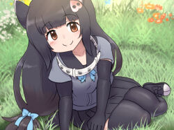 Rule 34 | 1girl, animal ears, black gloves, black hair, black skirt, black thighhighs, blue bow, blue bowtie, blunt bangs, blush, bow, bowtie, brown eyes, collar, collared peccary (kemono friends), elbow gloves, gloves, grey shirt, hair bow, highres, kemono friends, long hair, looking at viewer, mo23, pig nose, pleated skirt, sailor collar, shirt, skirt, smile, solo, tail, thighhighs, white collar, zettai ryouiki