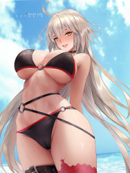 Rule 34 | 1girl, ahoge, aztodio, bikini, black bikini, blue sky, breasts, choker, cleavage, fate/grand order, fate (series), jeanne d&#039;arc alter (swimsuit berserker) (fate), jeanne d&#039;arc (fate), jeanne d&#039;arc alter (fate), jeanne d&#039;arc alter (swimsuit berserker) (fate), large breasts, long hair, looking at viewer, navel, o-ring, o-ring bikini, open mouth, red thighhighs, revision, silver hair, single thighhigh, sky, smile, solo, swimsuit, thigh strap, thighhighs, thighs, very long hair, yellow eyes