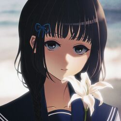 Rule 34 | 1girl, amemori sayo, beach, black eyes, black hair, blue bow, blue sailor collar, blurry, blurry background, bow, braid, closed mouth, collarbone, flower, hair bow, highres, holding, holding flower, lily (flower), long hair, looking at viewer, low twin braids, nijisanji, nkymyura, official alternate costume, outdoors, portrait, romaji commentary, sailor collar, school uniform, serafuku, sidelighting, solo, twin braids, virtual youtuber, waves, white flower, white lily, white serafuku