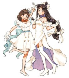 Rule 34 | 2girls, ace attorney, bare shoulders, black hair, blue eyes, boots, bow, brown hair, closed mouth, dress, full body, gloves, hat, high heel boots, high heels, highres, long hair, looking at viewer, low-tied long hair, maya fey, mini hat, multiple girls, official alternate costume, open mouth, purple bow, red scarf, renshu usodayo, scarf, shoes, simple background, smile, standing, thigh boots, trucy wright, white background, white dress, white footwear, white gloves