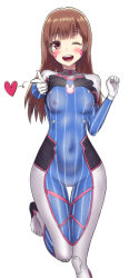 Rule 34 | 1girl, 1nilla&#039;, ;d, animal print, armor, blue bodysuit, blush, bodypaint, bodysuit, breasts, brown eyes, brown hair, cowboy shot, d.va (overwatch), eyelashes, facepaint, facial mark, false clothes, groin, hands up, heart, high collar, highres, index finger raised, leg up, long hair, looking to the side, medium breasts, nipples, no headwear, one eye closed, open mouth, overwatch, overwatch 1, painted clothes, pauldrons, pilot suit, pointing, pointing at viewer, rabbit print, see-through, see-through bodysuit, shoulder armor, simple background, skin tight, skindentation, smile, solo, spoken heart, standing, standing on one leg, stomach, teeth, thigh gap, thighhighs, tongue, whisker markings, white background, white thighhighs