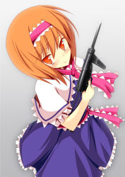 Rule 34 | 1girl, absurdres, alice margatroid, blue dress, blush, capelet, closed mouth, commentary request, cookie (touhou), dress, frilled capelet, frilled dress, frilled neckwear, frilled sash, frills, full body, gun, hair between eyes, highres, hinase (cookie), holding, holding gun, holding weapon, looking at viewer, machine pistol, necktie, orange eyes, orange hair, pink necktie, pink sash, sash, short hair, smile, solo, szk, touhou, weapon, white capelet