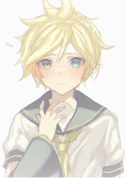 Rule 34 | 1boy, 1girl, absurdres, blonde hair, blue eyes, blush, crypton future media, detached sleeves, frown, hand on own chest, hand up, highres, kagamine len, male focus, messy hair, necktie, parted bangs, sailor collar, shirt, short hair, short sleeves, simple background, sketch, solo, spiked hair, squiggle, sweat, upper body, vocaloid, wavy mouth, white background, white shirt, yellow necktie, yuxi