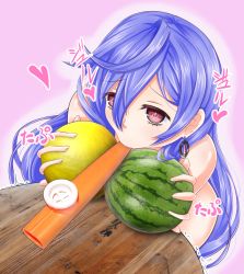 Rule 34 | 10s, 1girl, blue hair, female focus, food, fruit, heart, hechima-bushi, instrument, iris heart, kazoo, long hair, melon, neptune (series), nude, parent:3589465, pink background, power symbol, purple hair, pururut, red eyes, sexually suggestive, shiny skin, simple background, solo, symbol-shaped pupils, text focus, watermelon