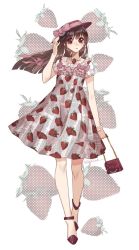 Rule 34 | 1girl, bag, bow, bracelet, brown hair, dress, fashion, food, food print, frilled dress, frills, fruit, hand on headwear, handbag, hat, hat bow, high heels, highres, jewelry, leur getter, lolita fashion, necklace, newsprint texture, original, pink bow, real life, red bag, red eyes, red footwear, resolution mismatch, ribbon, short sleeves, simple background, source smaller, spinel (9057), straight hair, strawberry, strawberry necklace, strawberry print, white background