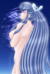 Rule 34 | 1girl, absurdres, blue hair, blush, breasts, closed eyes, highres, long hair, nipples, nude, oyuki (urusei yatsura), ponytail, shori, urusei yatsura, very long hair