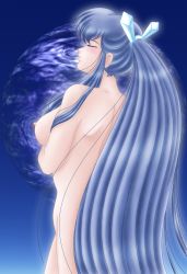 1girl absurdres blue_hair blush breasts closed_eyes highres long_hair nipples nude oyuki_(urusei_yatsura) ponytail shori urusei_yatsura very_long_hair