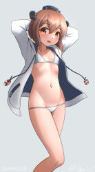 Rule 34 | 1girl, alternate costume, arms behind head, bikini, breasts, brown eyes, brown hair, drawstring, feet out of frame, grey background, groin, headgear, hood, hooded jacket, jacket, kantai collection, lifebuoy ornament, lowleg, lowleg bikini, navel, one-hour drawing challenge, open clothes, open jacket, open mouth, ray.s, round teeth, short hair, simple background, small breasts, solo, speaking tube headset, swimsuit, teeth, upper teeth only, white bikini, yukikaze (kancolle)