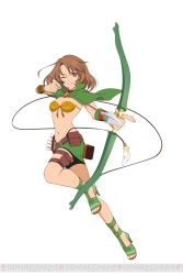 Rule 34 | 1girl, arrow (projectile), belt, bow (weapon), breasts, brown eyes, brown hair, capelet, cleavage, feathers, high heels, long hair, melissa (tales), midriff, miniskirt, one eye closed, quiver, sandals, simple background, skirt, tales of (series), tales of link, teeth, weapon, white background