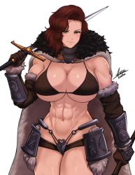 Rule 34 | 1girl, abs, airisubaka, armor, artist name, bare shoulders, bikini, bikini armor, bikini top only, blush, breasts, brown hair, cleavage, cloak, cowboy shot, curvy, fur-trimmed cloak, fur trim, gloves, green eyes, highres, holding, holding sword, holding weapon, huge breasts, large breasts, looking at viewer, muscular, muscular female, navel, original, over shoulder, signature, simple background, smile, solo, standing, stomach, swimsuit, sword, sword over shoulder, the elder scrolls, the elder scrolls v: skyrim, thick thighs, thighs, toned, weapon, weapon over shoulder, white background, wide hips